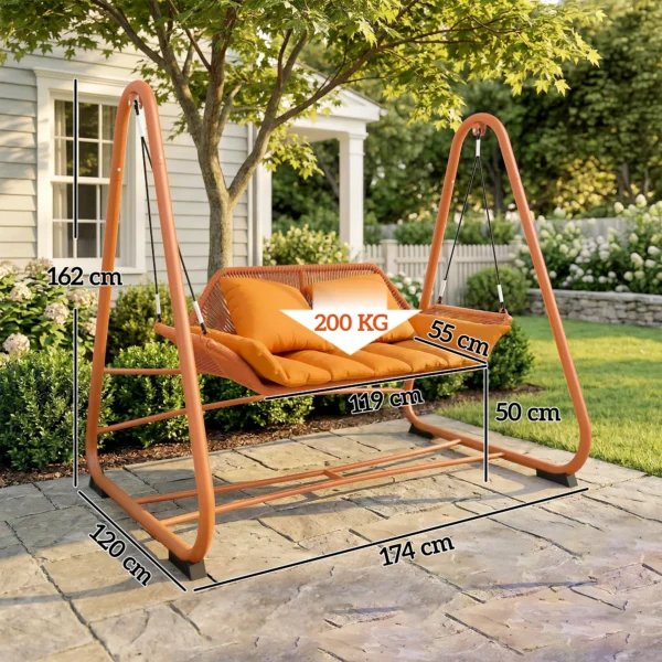 Hollywoodschommel, Tuinschommel Met Kussen, Frame, Voor Tuin, Balkon, 174 X 120 X 162 Cm, Metaal, Terracotta