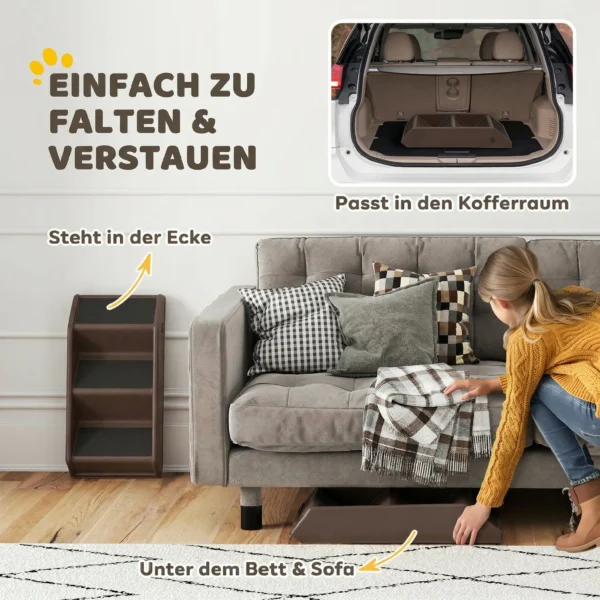 Hondentrap 3 Treden 36,5 Cm Hoog Huisdiertrap Voor Kleine Honden Inklapbaar Voor Bed, Bank, Auto Bruin