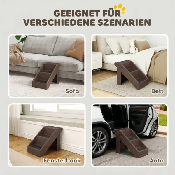Hondentrap 3 Treden 36,5 Cm Hoog Huisdiertrap Voor Kleine Honden Inklapbaar Voor Bed, Bank, Auto Bruin