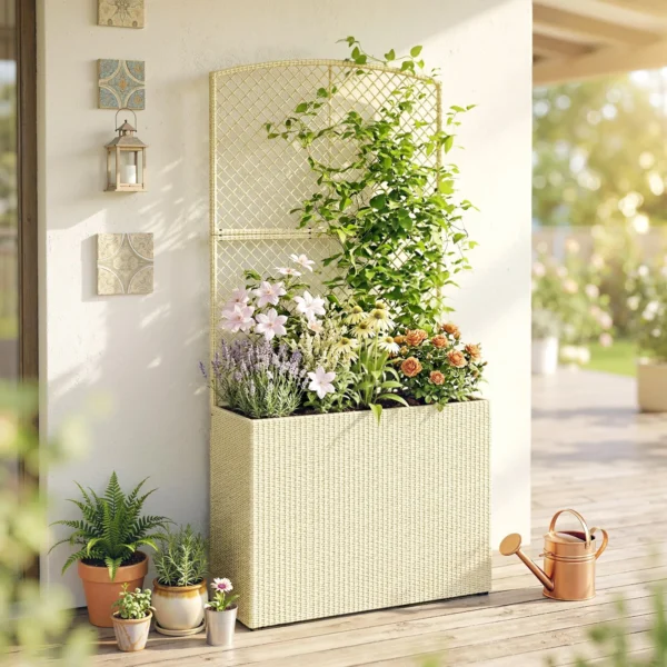 Hoogbed Met Klimrek In Rotan look Plantenbak Voor Klimplanten Voor Tuin, Balkon, 80 X 30 X 163 Cm, Beige