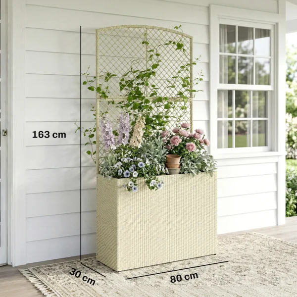 Hoogbed Met Klimrek In Rotan look Plantenbak Voor Klimplanten Voor Tuin, Balkon, 80 X 30 X 163 Cm, Beige