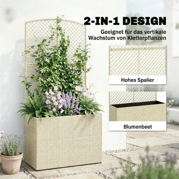 Hoogbed Met Klimrek In Rotan look Plantenbak Voor Klimplanten Voor Tuin, Balkon, 80 X 30 X 163 Cm, Beige