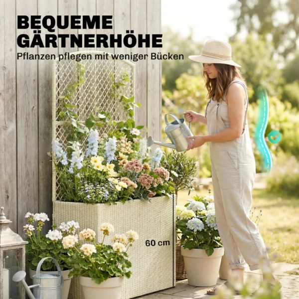 Hoogbed Met Klimrek In Rotan look Plantenbak Voor Klimplanten Voor Tuin, Balkon, 80 X 30 X 163 Cm, Beige