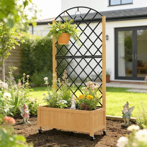 Hoogbed Met Metalen Rooster, Houten Plantenbak Op Wielen, Buiten Plantenbak, Bruin