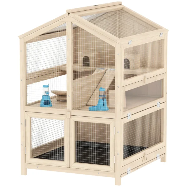 Houten Hamsterkooi Met 3 Verdiepingen, Knaagdierkooi, Kleine Dierenkooi Met Hutten, Wippen, Hellingen, Waterschalen 68x61,5x90 Cm Natuurhout