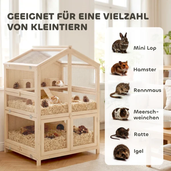 Houten Hamsterkooi Met 3 Verdiepingen, Knaagdierkooi, Kleine Dierenkooi Met Hutten, Wippen, Hellingen, Waterschalen 68x61,5x90 Cm Natuurhout