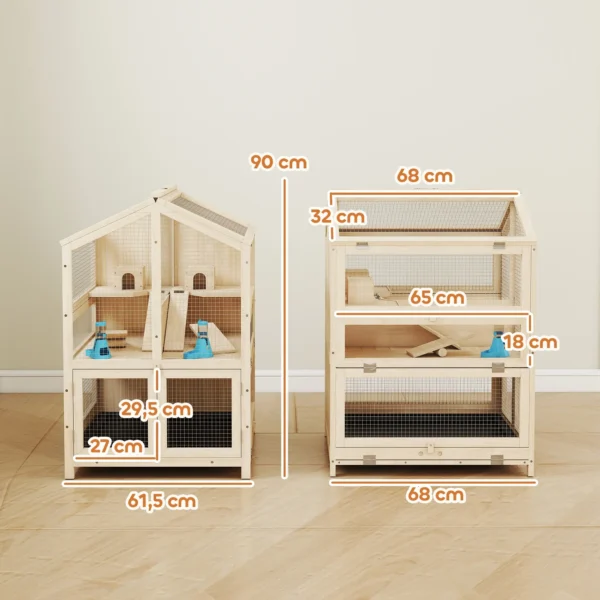 Houten Hamsterkooi Met 3 Verdiepingen, Knaagdierkooi, Kleine Dierenkooi Met Hutten, Wippen, Hellingen, Waterschalen 68x61,5x90 Cm Natuurhout