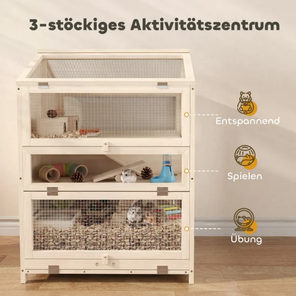 Houten Hamsterkooi Met 3 Verdiepingen, Knaagdierkooi, Kleine Dierenkooi Met Hutten, Wippen, Hellingen, Waterschalen 68x61,5x90 Cm Natuurhout