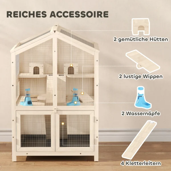 Houten Hamsterkooi Met 3 Verdiepingen, Knaagdierkooi, Kleine Dierenkooi Met Hutten, Wippen, Hellingen, Waterschalen 68x61,5x90 Cm Natuurhout