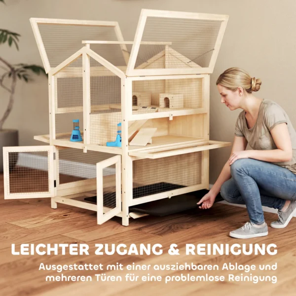 Houten Hamsterkooi Met 3 Verdiepingen, Knaagdierkooi, Kleine Dierenkooi Met Hutten, Wippen, Hellingen, Waterschalen 68x61,5x90 Cm Natuurhout