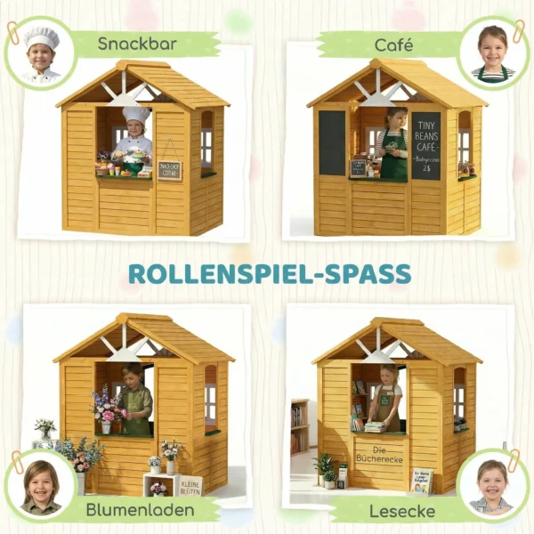 Houten Kinderspeelhuis Buitenspeelhuis Met Deur 3 Ramen 2 Bloembakken Voor Kinderen Van 3 8 Jaar 134,5 X 97 X 150 Cm Bruin