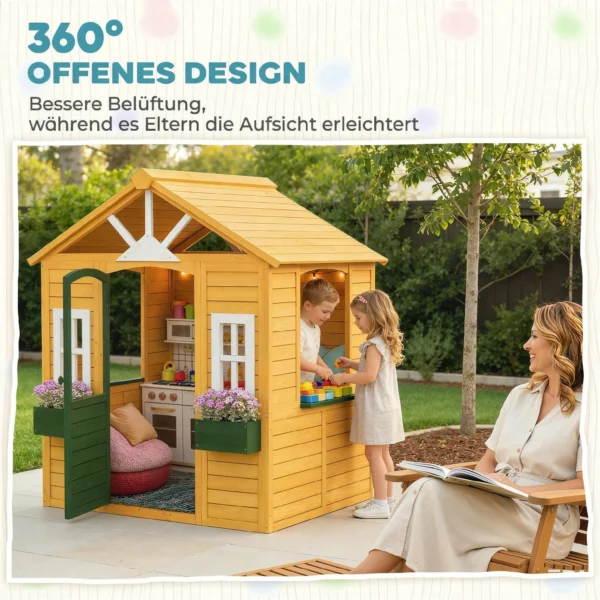 Houten Kinderspeelhuis Buitenspeelhuis Met Deur 3 Ramen 2 Bloembakken Voor Kinderen Van 3 8 Jaar 134,5 X 97 X 150 Cm Bruin
