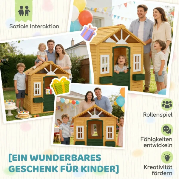 Houten Kinderspeelhuis Buitenspeelhuis Met Deur 3 Ramen 2 Bloembakken Voor Kinderen Van 3 8 Jaar 134,5 X 97 X 150 Cm Bruin