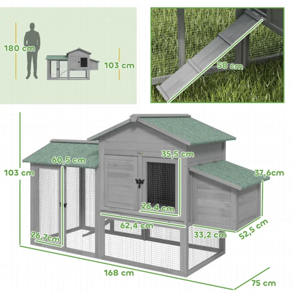 Houten Kippenhok Met Vrije Uitloop, Nestkast, Helling, Uittrekbaar Dienblad Voor 2 4 Kippen 168x75x103cm Grijs