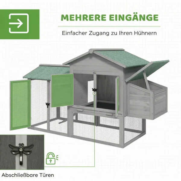 Houten Kippenhok Met Vrije Uitloop, Nestkast, Helling, Uittrekbaar Dienblad Voor 2 4 Kippen 168x75x103cm Grijs