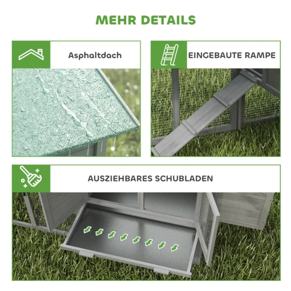 Houten Kippenhok Met Vrije Uitloop, Nestkast, Helling, Uittrekbaar Dienblad Voor 2 4 Kippen 168x75x103cm Grijs