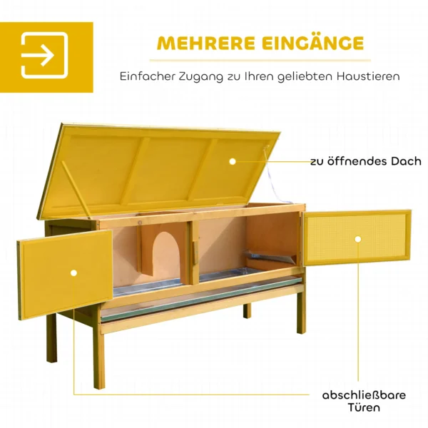 Houten Konijnenhok Met Opklapbaar Dak, 2 Deuren, Lekvrije Schaal, 115x44,3x65 Cm Lichtgeel