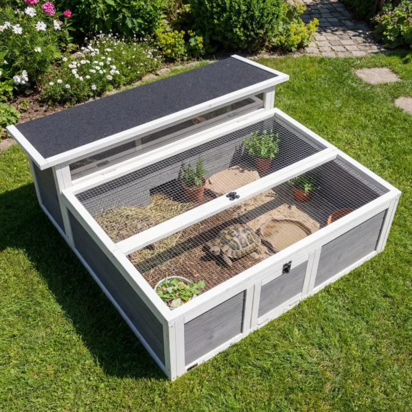 Houten Schildpaddenverblijf Met Vrije Uitloop, Hoofdhuis, Kijkvenster, Opklapbare Bovenkant, 2 Deuren, 113x106,5x44,5 Cm, Donkergrijs