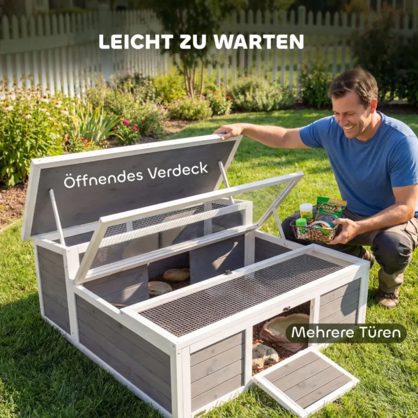 Houten Schildpaddenverblijf Met Vrije Uitloop, Hoofdhuis, Kijkvenster, Opklapbare Bovenkant, 2 Deuren, 113x106,5x44,5 Cm, Donkergrijs