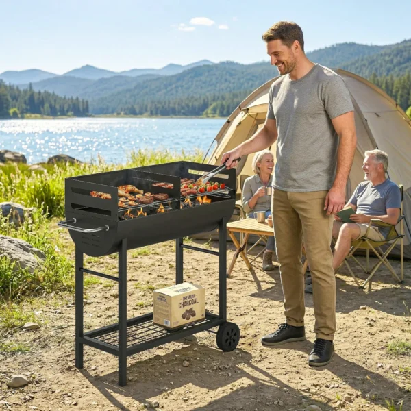 Houtskoolgrill Grillwagen Met 2 Grillzones, In Hoogte Verstelbare Grillrooster, Houten Plank, Wielen, Zijhandvat, 103 X 46,5 X 100cm