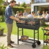 Houtskoolgrill Grillwagen Met 2 Grillzones, In Hoogte Verstelbare Grillrooster, Houten Plank, Wielen, Zijhandvat, 103 X 46,5 X 100cm