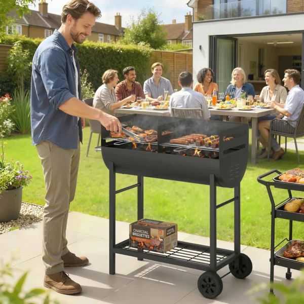 Houtskoolgrill Grillwagen Met 2 Grillzones, In Hoogte Verstelbare Grillrooster, Houten Plank, Wielen, Zijhandvat, 103 X 46,5 X 100cm