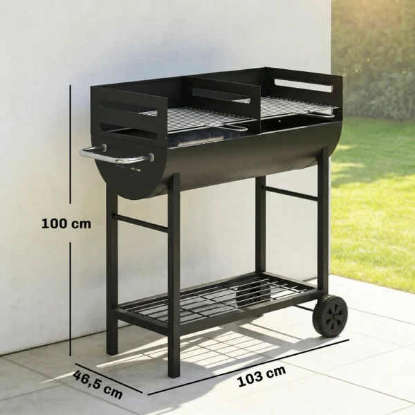 Houtskoolgrill Grillwagen Met 2 Grillzones, In Hoogte Verstelbare Grillrooster, Houten Plank, Wielen, Zijhandvat, 103 X 46,5 X 100cm