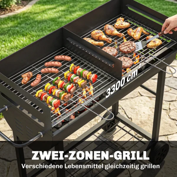 Houtskoolgrill Grillwagen Met 2 Grillzones, In Hoogte Verstelbare Grillrooster, Houten Plank, Wielen, Zijhandvat, 103 X 46,5 X 100cm