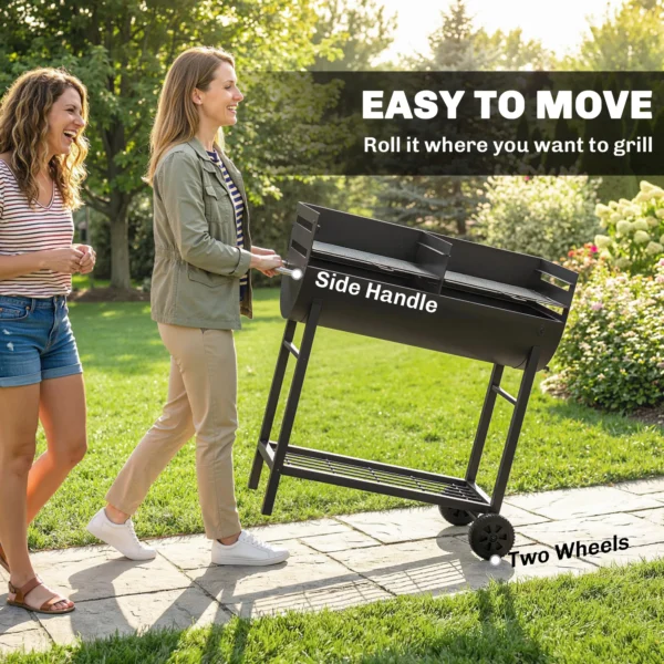 Houtskoolgrill Grillwagen Met 2 Grillzones, In Hoogte Verstelbare Grillrooster, Houten Plank, Wielen, Zijhandvat, 103 X 46,5 X 100cm