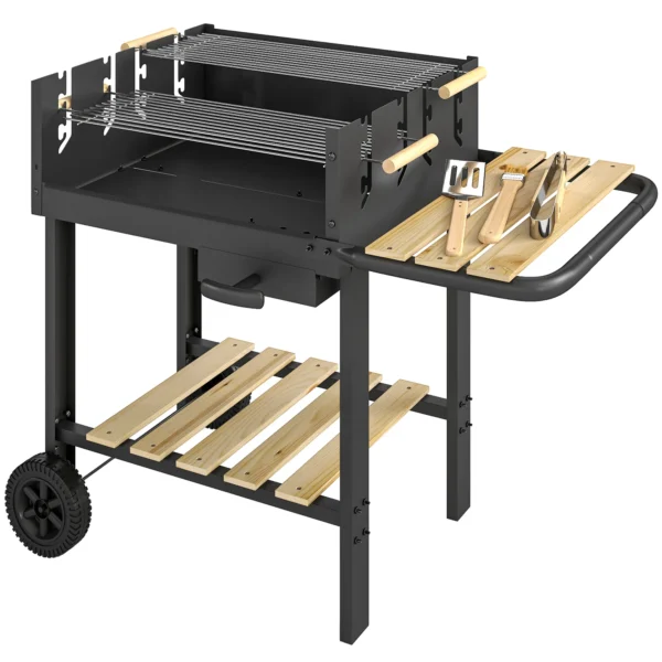 Houtskoolgrill Grillwagen Met 4 voudig Verstelbaar Grillrooster 2 Houten Planken 2 Wielen Asbak 99,5 X 58 X 82 Cm