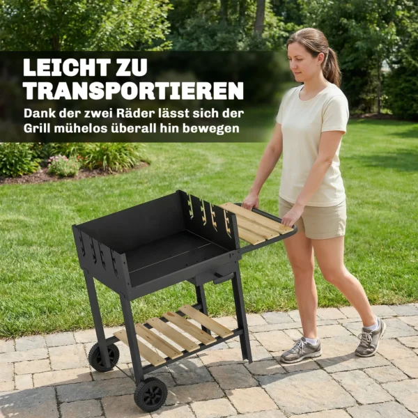 Houtskoolgrill Grillwagen Met 4 voudig Verstelbaar Grillrooster 2 Houten Planken 2 Wielen Asbak 99,5 X 58 X 82 Cm