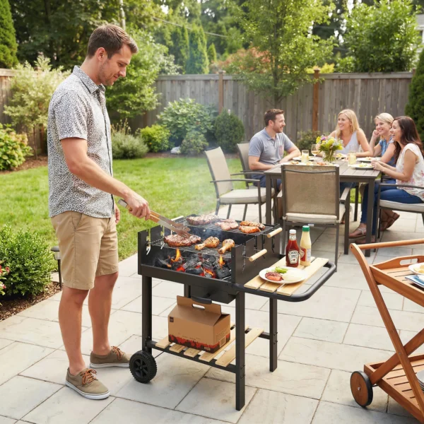 Houtskoolgrill Grillwagen Met 4 voudig Verstelbaar Grillrooster 2 Houten Planken 2 Wielen Asbak 99,5 X 58 X 82 Cm