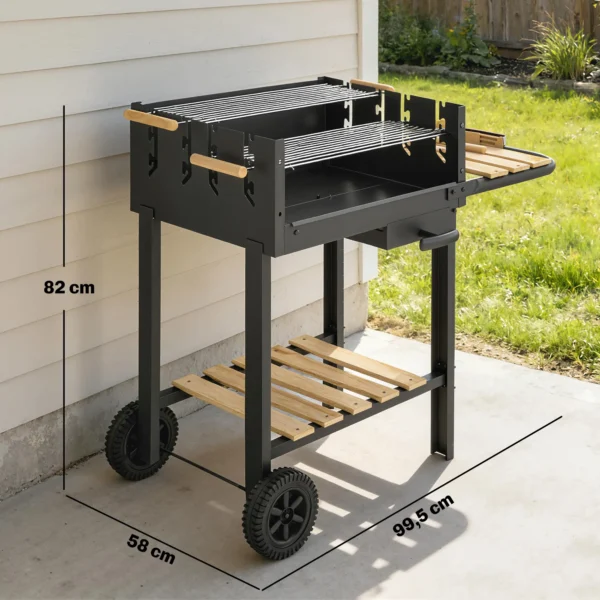 Houtskoolgrill Grillwagen Met 4 voudig Verstelbaar Grillrooster 2 Houten Planken 2 Wielen Asbak 99,5 X 58 X 82 Cm