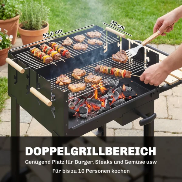 Houtskoolgrill Grillwagen Met 4 voudig Verstelbaar Grillrooster 2 Houten Planken 2 Wielen Asbak 99,5 X 58 X 82 Cm