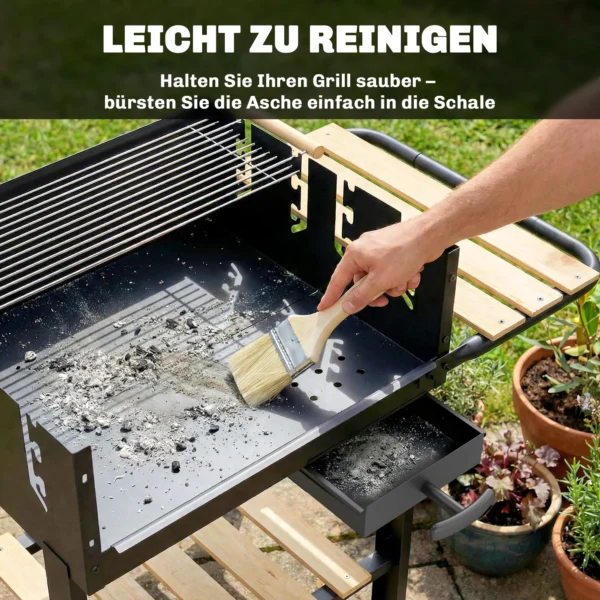 Houtskoolgrill Grillwagen Met 4 voudig Verstelbaar Grillrooster 2 Houten Planken 2 Wielen Asbak 99,5 X 58 X 82 Cm