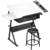 In Hoogte Verstelbare Tekentafel, Werktafel Met Kruk En Laden, Wit