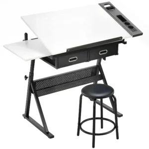 In Hoogte Verstelbare Tekentafel, Werktafel Met Kruk En Laden, Wit