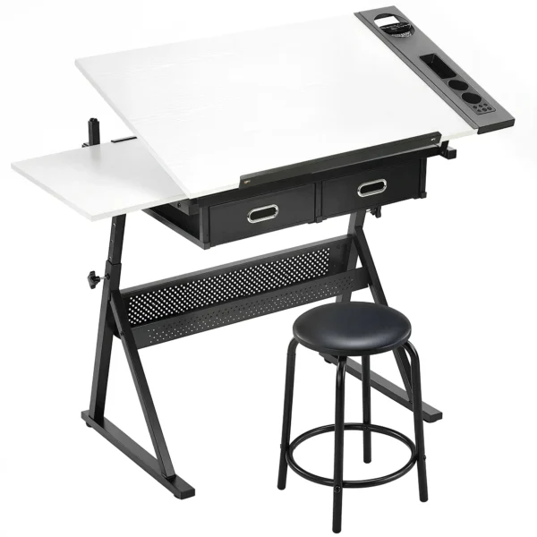 In Hoogte Verstelbare Tekentafel, Werktafel Met Kruk En Laden, Wit