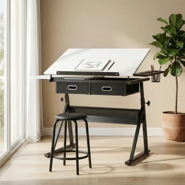 In Hoogte Verstelbare Tekentafel, Werktafel Met Kruk En Laden, Wit
