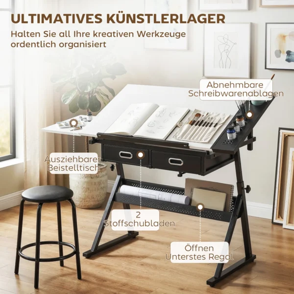 In Hoogte Verstelbare Tekentafel, Werktafel Met Kruk En Laden, Wit