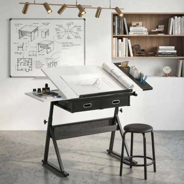 In Hoogte Verstelbare Tekentafel, Werktafel Met Kruk En Laden, Wit