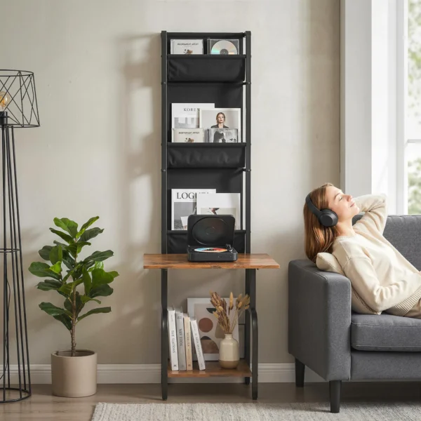 Industrieel CD rek, CD opslag, DVD standaard Met 3 Stoffen Zakken En Tafelblad, Rustieke Houtlook In Bruin