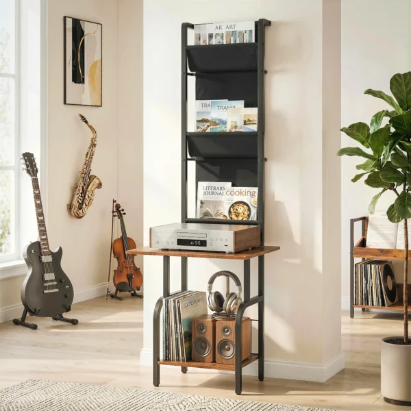 Industrieel CD rek, CD opslag, DVD standaard Met 3 Stoffen Zakken En Tafelblad, Rustieke Houtlook In Bruin