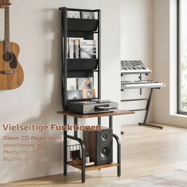 Industrieel CD rek, CD opslag, DVD standaard Met 3 Stoffen Zakken En Tafelblad, Rustieke Houtlook In Bruin