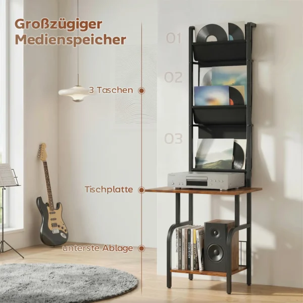 Industrieel CD rek, CD opslag, DVD standaard Met 3 Stoffen Zakken En Tafelblad, Rustieke Houtlook In Bruin