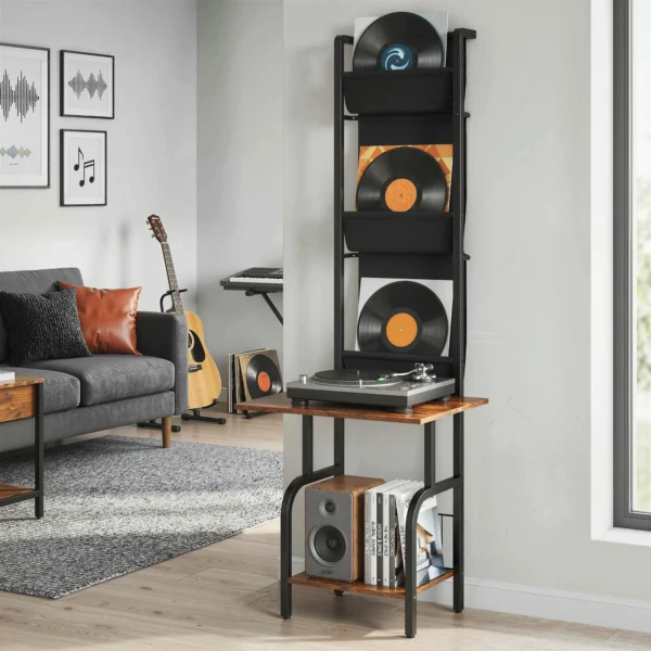 Industrieel CD rek, CD opslag, DVD standaard Met 3 Stoffen Zakken En Tafelblad, Rustieke Houtlook In Bruin