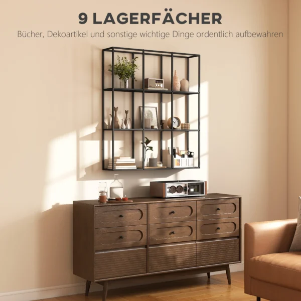 Industrieel Wandrek Met 9 Vakken, Metalen Rek Voor Verzamelobjecten, Ideaal Voor Woondecoratie, Zwart