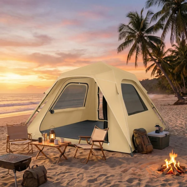 Instant Pop Up Tent Met Regenbescherming, Waterdicht Koepeltent Voor 2 3 Personen Met 2 Deuren 2 Ramen 240x240x160 Cm Khaki