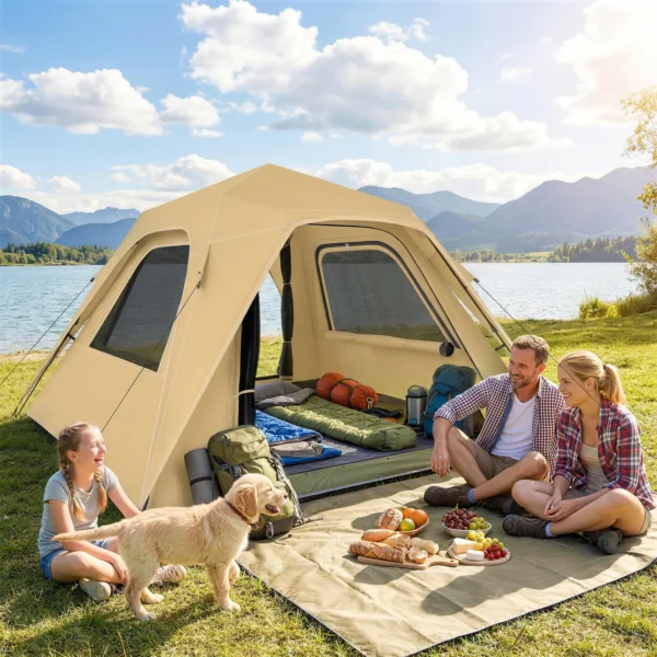 Instant Pop Up Tent Met Regenbescherming, Waterdicht Koepeltent Voor 2 3 Personen Met 2 Deuren 2 Ramen 240x240x160 Cm Khaki