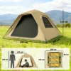 Instant Pop Up Tent Met Regenbescherming, Waterdicht Koepeltent Voor 2 3 Personen Met 2 Deuren 2 Ramen 240x240x160 Cm Khaki